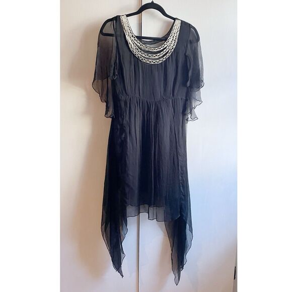 Free People Dresses & Skirts - Free People Black Dress Size XS Handkerchief Hem Beaded Neckline Flowy Boho